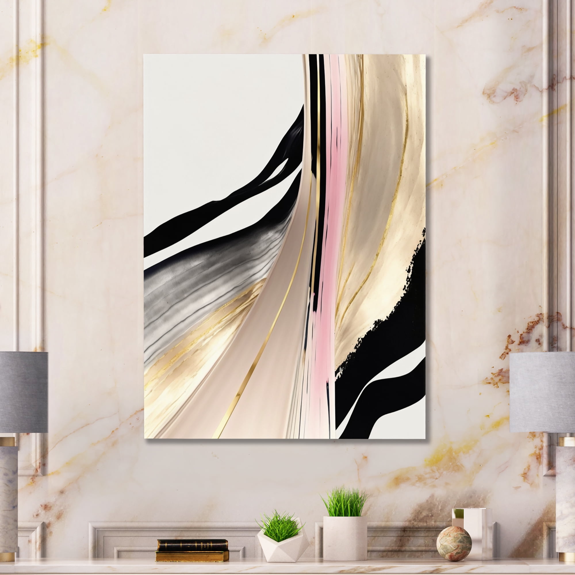 Designart Minimalism Pink And Gold Cubic Fusion VII Canvas Wall Art