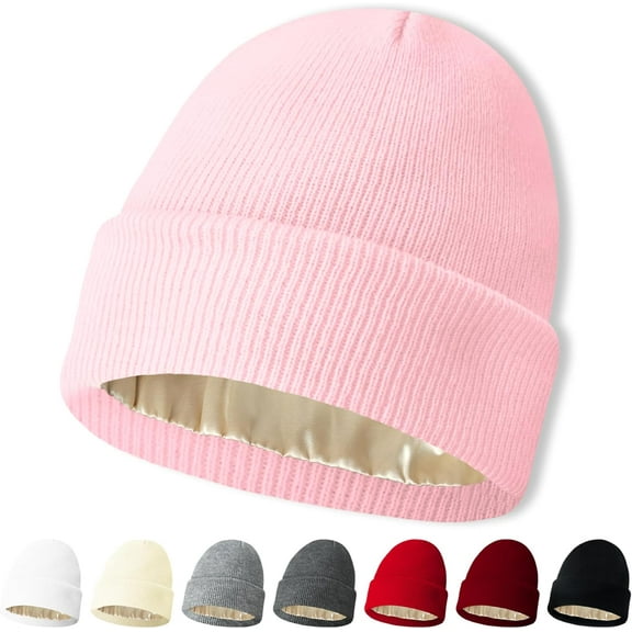 Kiibsot Satin-Lined Beanie for Women & Men, Soft Acrylic Knit Winter Hat with Silk Lining, Slouchy Cuffed Design Beanie for Warmth & Hair Protection