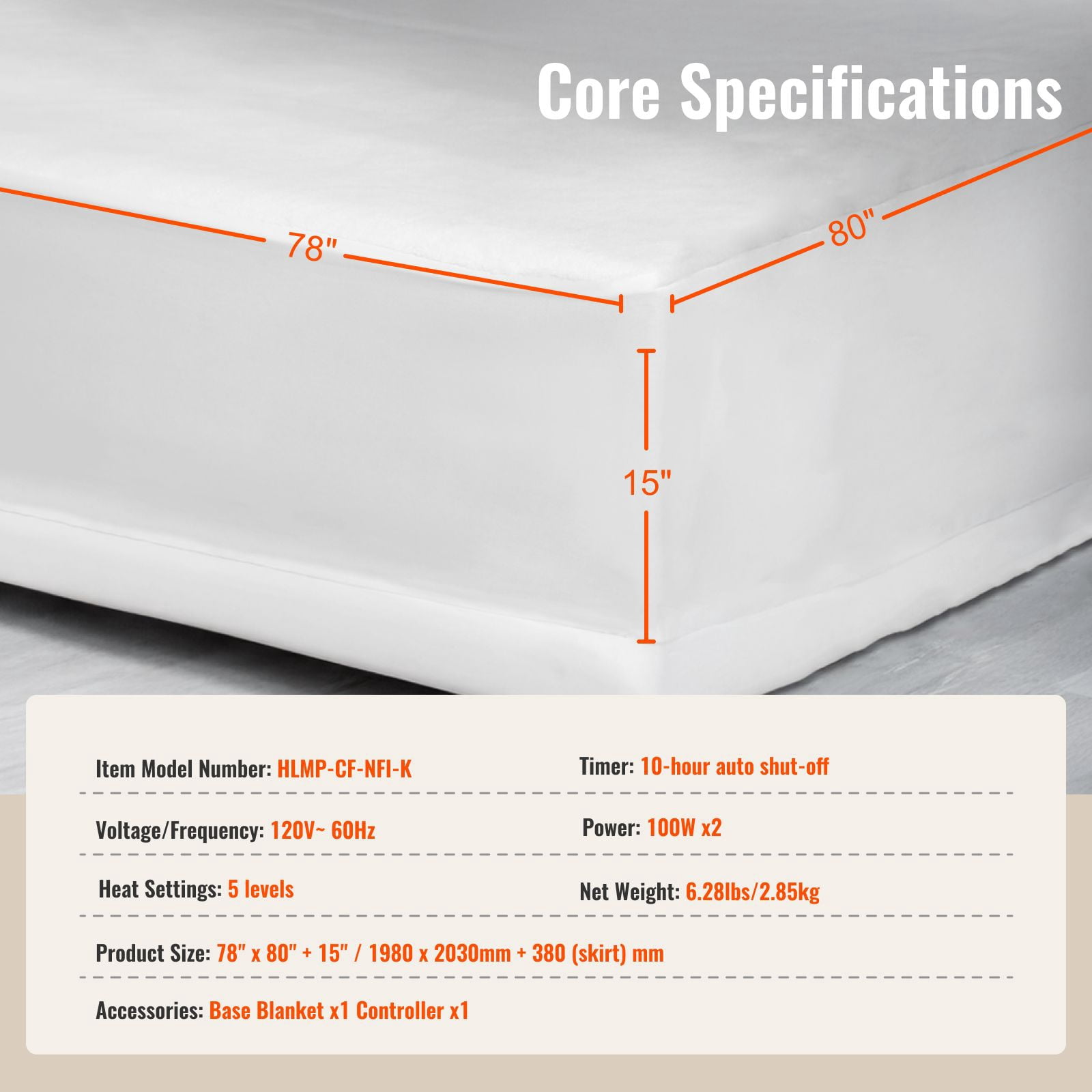 Electric Heated Blanket with Dual Zone Control, 100Wx2, 5 Heat Levels, 10-Hour Auto Off, PTC+NTC Overheat Protection for Queen Bed