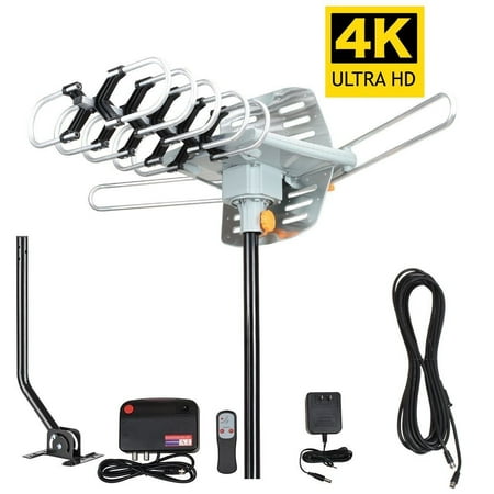 Outdoor 150 Mile 4K Motorized TV Antenna with Mounting Pole 360 Degree Rotation OTA Amplified HD, Support - UHF VHF 1080P