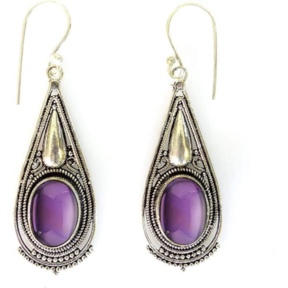 Tibetan Silver 925 Oxidized Silver Amethyst Drop Earrings for Women Handmade Boho Ethnic Jewelry