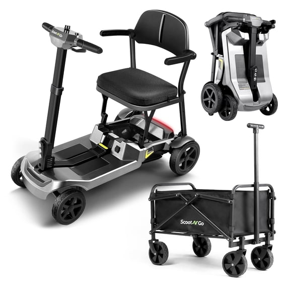 ScootNGo Lite Lightweight Electric Travel Foldable Mobility Scooter for Seniors, 39 lbs 4-Wheel Airline Approved with Trailer, Silver