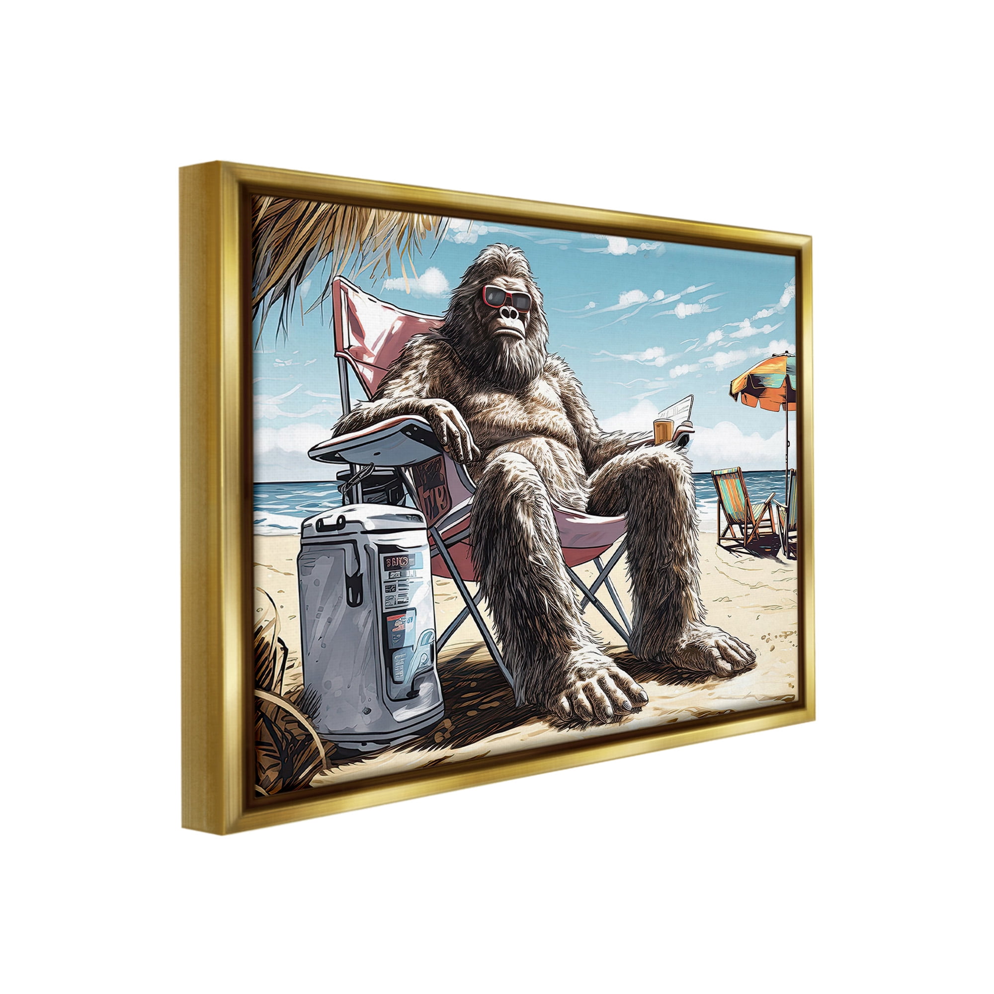 Stupell Industries Hairy Monster on Beach Fairy Tales & Fantasy Painting Gold Floater Framed Canvas Art Print Wall Art, 21 x 17
