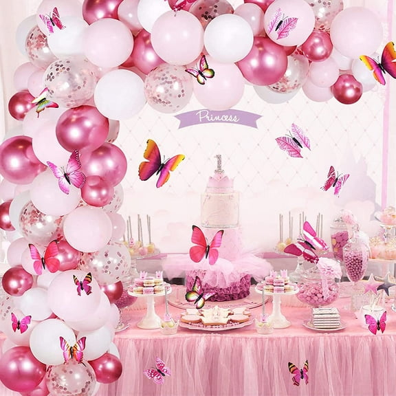Yansion Balloon Arch Kit Garland, Metallic Pink White Balloons, Rose Red Confetti Balloons, 3D Butterflies, 1 Set