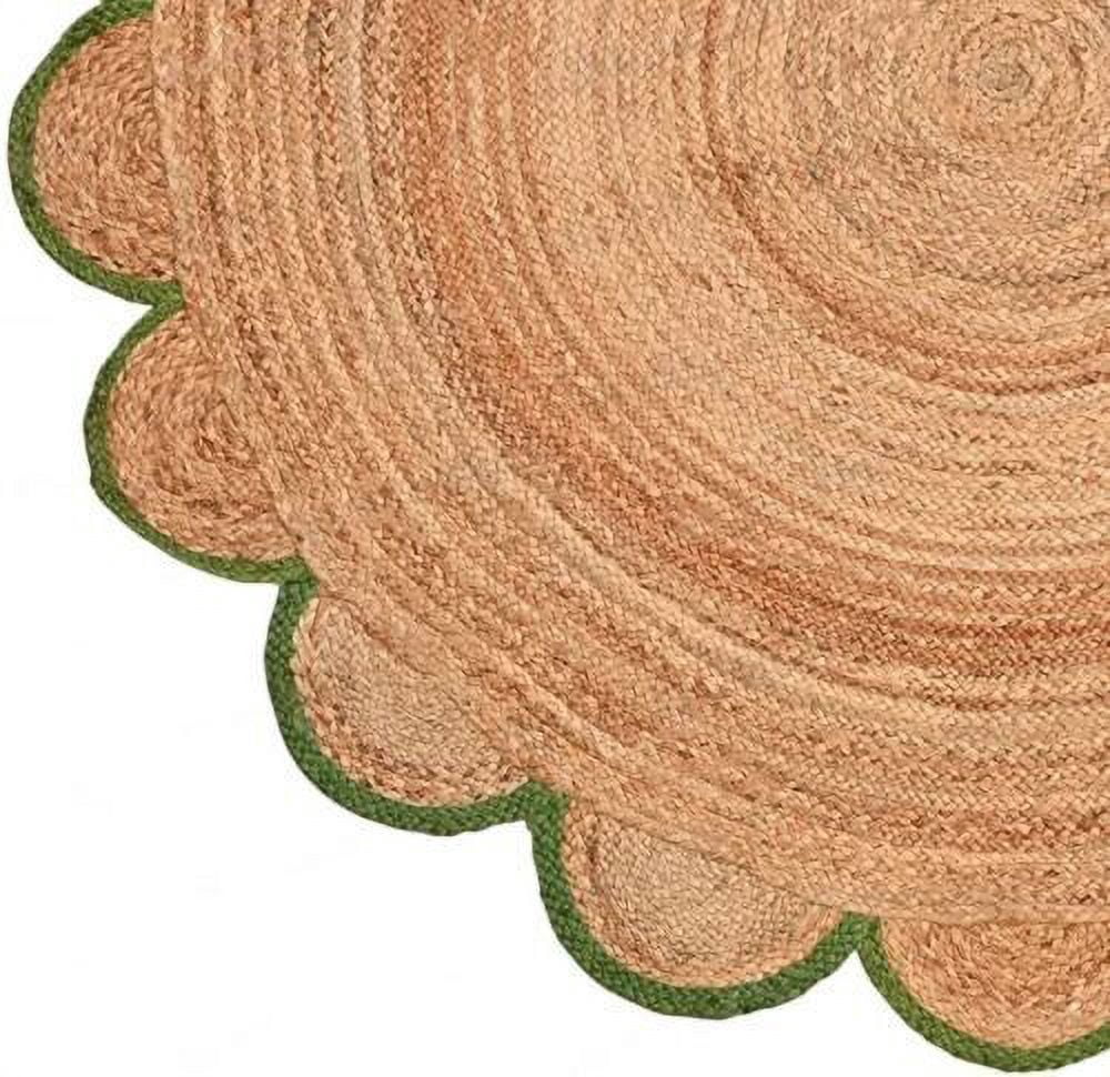 Natural Farmhouse Jute Round Rug with Green Border Design, Scalloped Round Rug Size 2 x 2 Feet