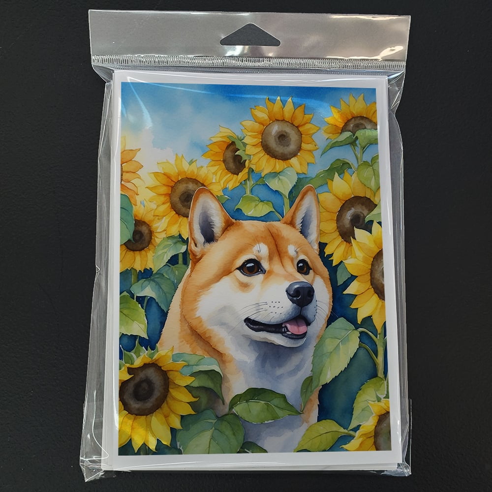 Shiba Inu in Sunflowers Greeting Cards Pack of 8 7 in x 5 in