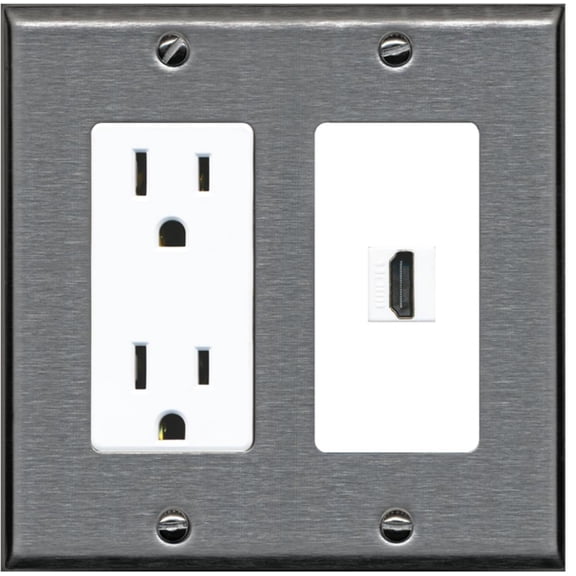 RiteAV - 15 Amp Power Outlet and 1 Port HDMI Decorative Type Wall Plate - Stainless Steel & White