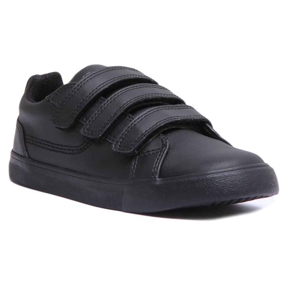 Kickers Tovni Trip Kid's 3 Strap Hook And Loop Leather Shoes In Black Size 9.5