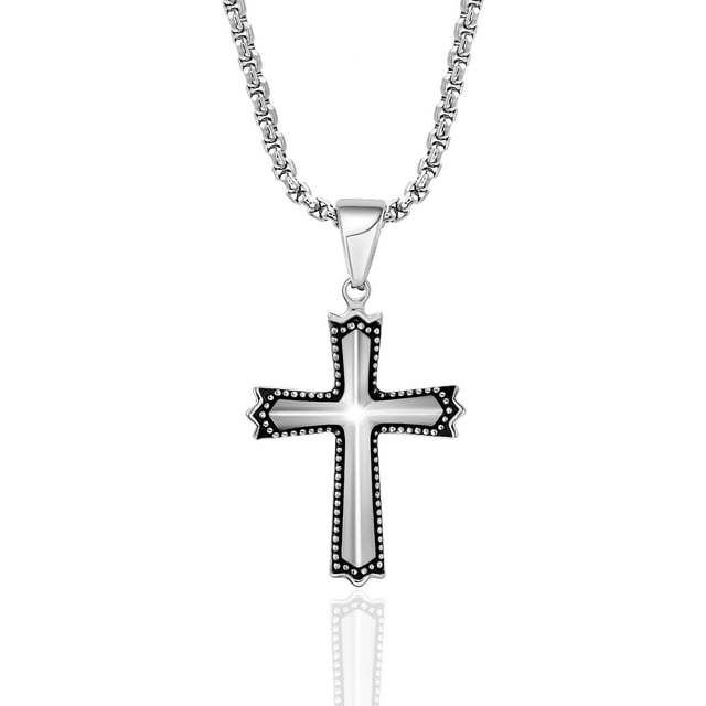 Men's Beaded Edge Cross Necklace in Stainless Steel