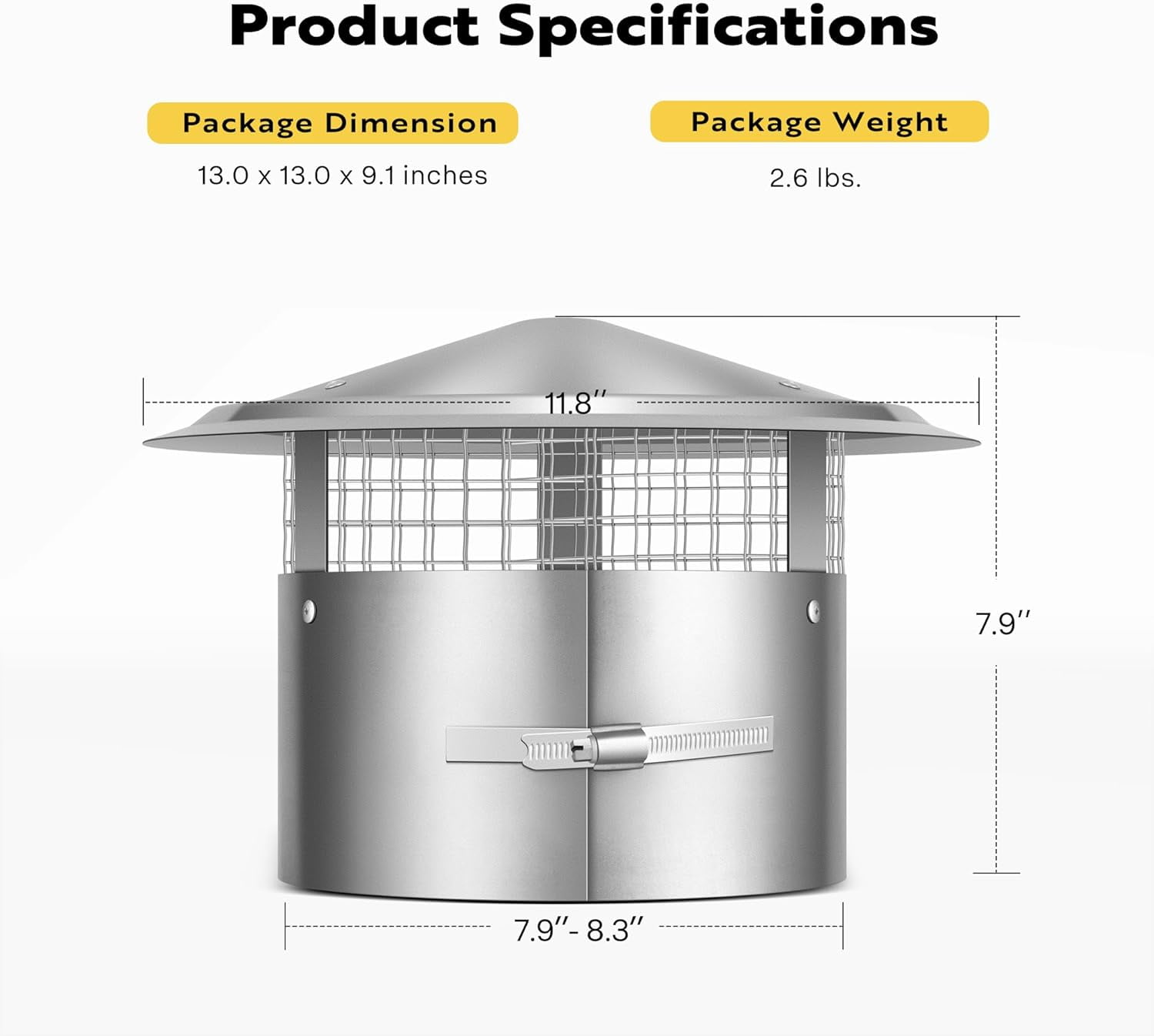 SPECSTAR 8" Cone Top Chimney Cap with Screen, Round Roof Rain Chimney Cover, Stainless Steel Fireplace Exhaust Cap, Adjustable Roof Cap for Vent