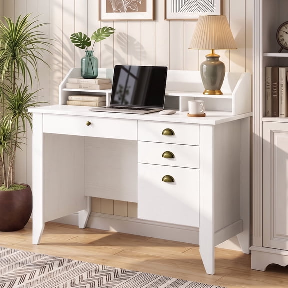 Catrimown Computer Desk with Drawers, 47.2 inch White Desk with Monitor Stand, Home Office Desk with Hutch Shelf for Small Space, White