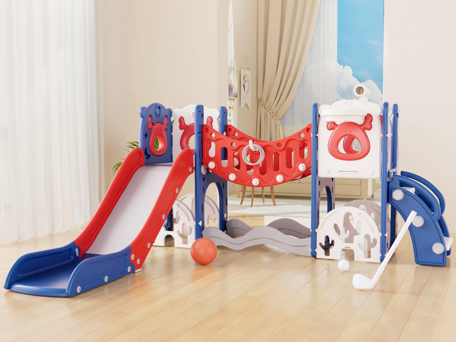 KORIMEFA 8 in 1 Toddler Slide, Kid Slide for Toddlers Age 1-3 with Ring Toss, Basketball Hoop, and Telescope, Indoor Outdoor Slide Toddler Playset Toddler Playground