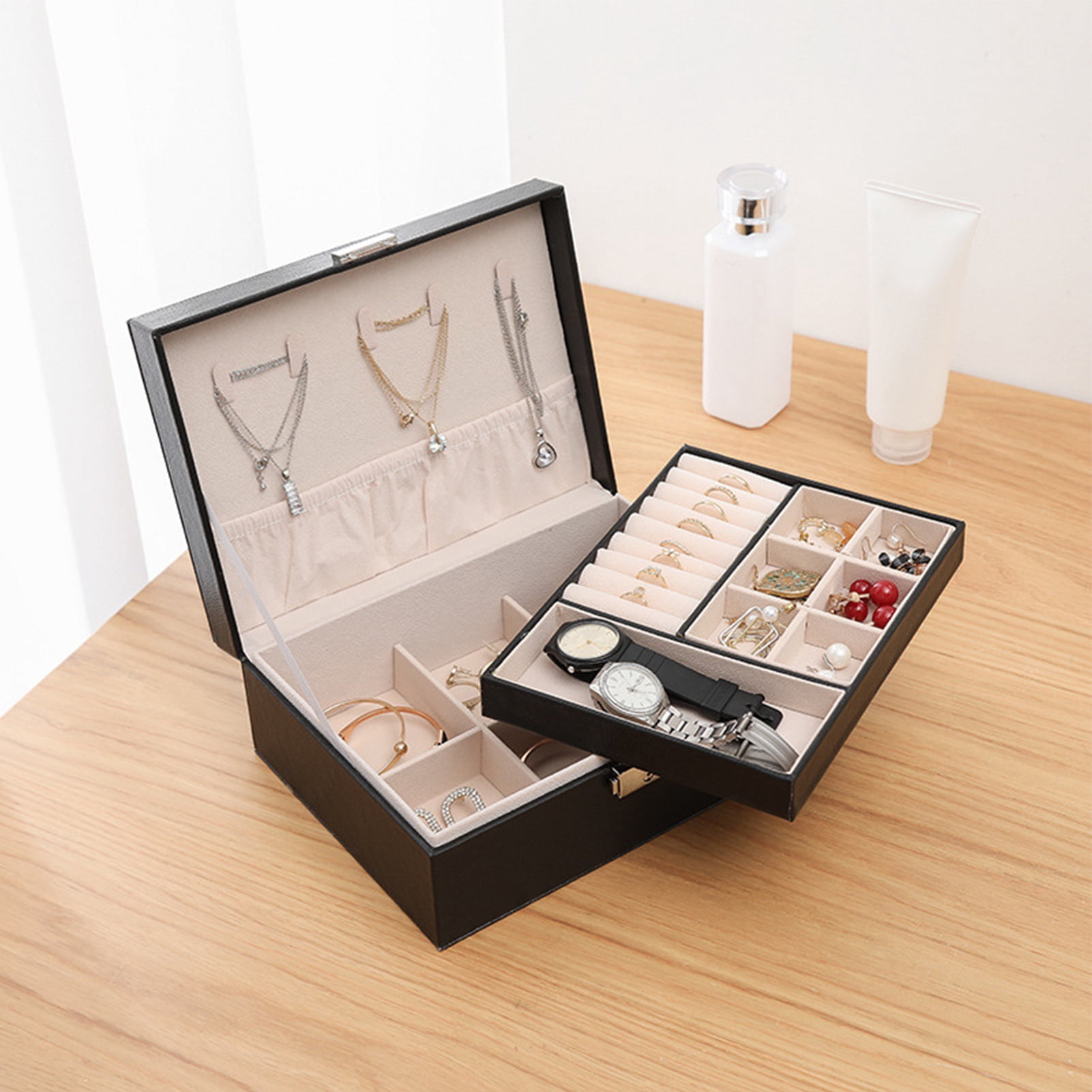Grofry Double-layer Jewelry Box Safety Lock Micro Fiber Leather Adjustable Compartments Jewelry Case for Rings Black 2 Layer