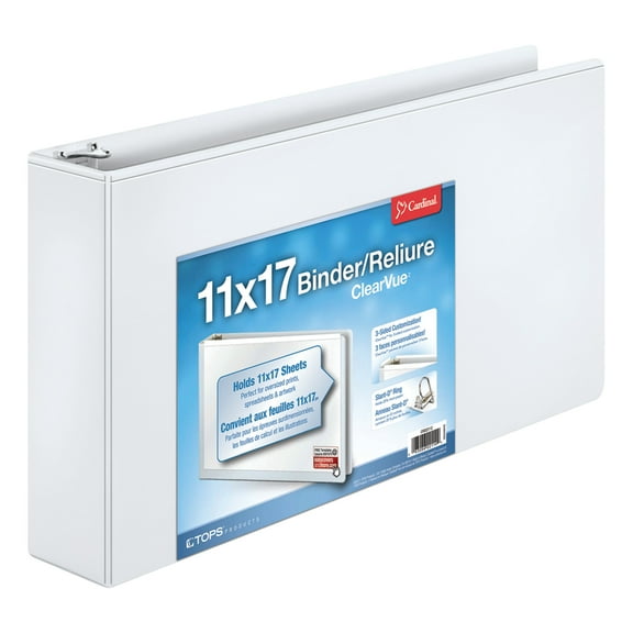 Cardinal 11 x 17 ClearVue Slant-D Ring Binder, 3" Cap, White
