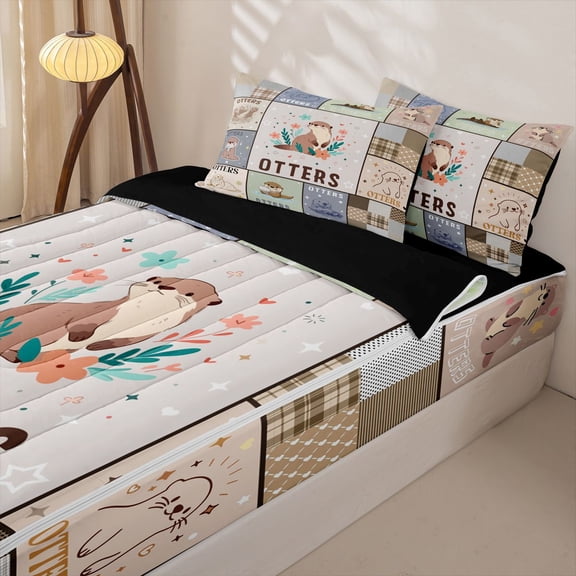 Manfei Cartoon Otter Zipper Twin Comforter Sets with Fitted Sheet and 2 Pillowcases for Kids Boys and Girls, Cute Animal Print Zipper Bedding Set, Black Reversible, 4pcs