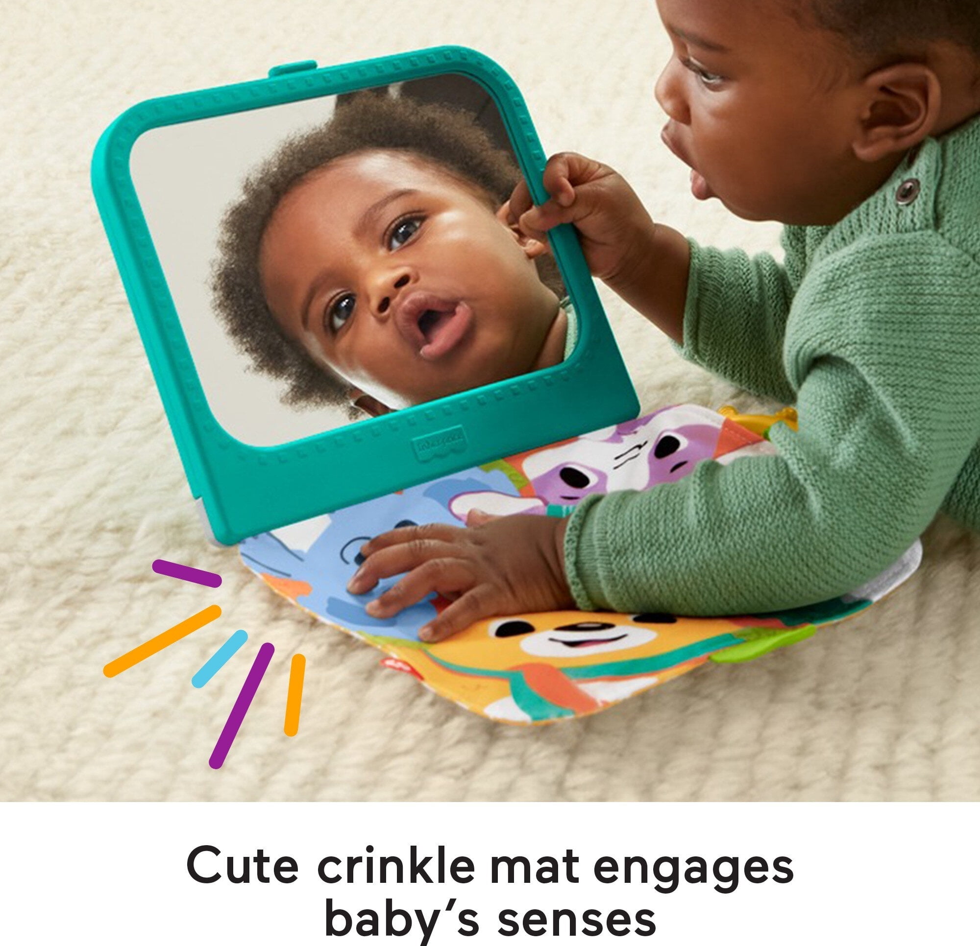 Fisher-Price Crinkle Crew Activity Mirror Infant Tummy Time Toy with Teether, 1 Piece