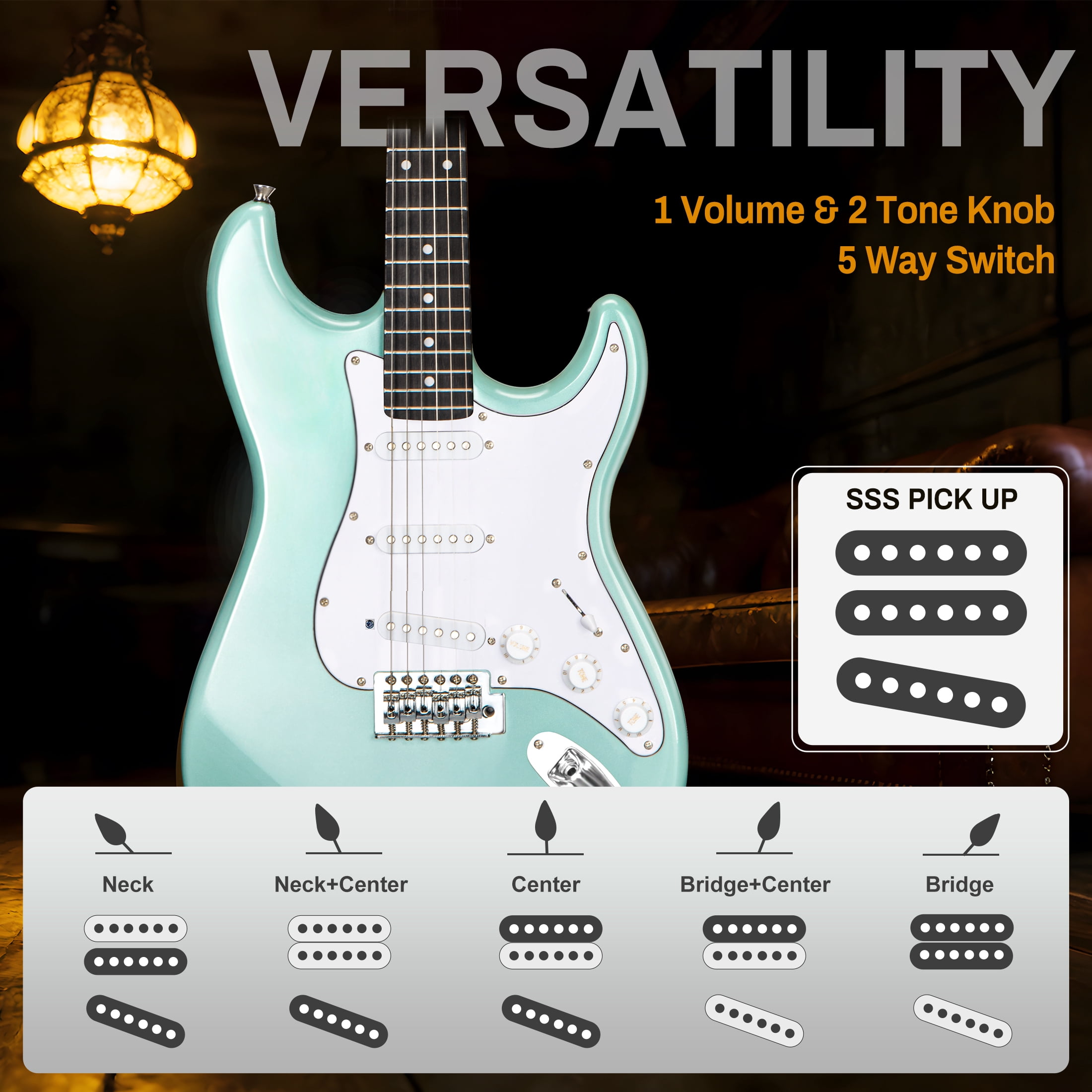 AODSK 39" Beginner Electric Guitar Full Size Kit with Amp, SSS Pickup, Solid Wood Body, Digital Tuner, Six Strings, Four Picks, Tremolo Bar, Strap, Gig Bag