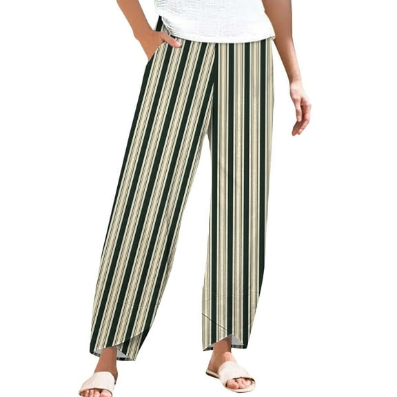 Linen Pants for Ladies, Audhol Striped Linen Pants for Women Summer Casual Wide Leg Pants with Pockets Comfy Cropped Palazzo Pants Beach Pants for Women Black L
