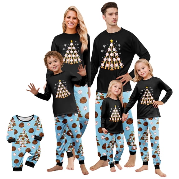 Family Christmas Pajamas Matching Sets, Baseball Christmas Print Long Sleeve Top & Pants Christmas Pajamas for Family, 2 Piece Holiday Sleepwear Xmas Family Pjs Set