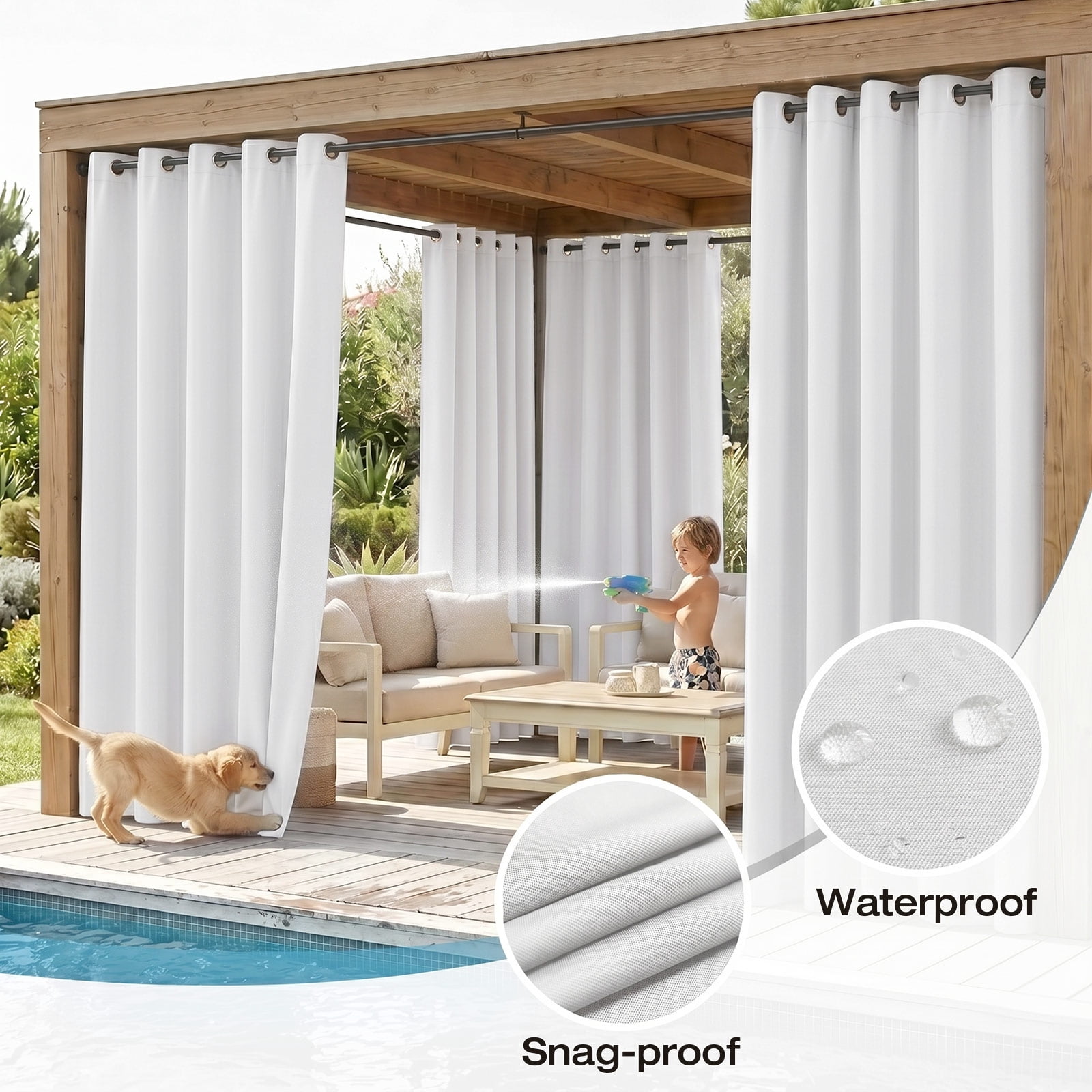 Lapalife Outdoor Curtains for Patio Waterproof W71xL84, Blackout Weighted Outside Curtains Weatherproof UV Resistant Privacy for Porch, Pergola, White, 1 Panel