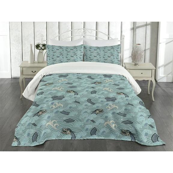 Ambesonne Japanese Wave Quilted Bedspread Set 3 Pcs, Sea Dragon, Queen Size, White Teal and Grey