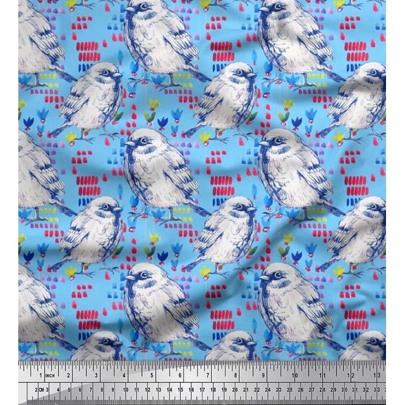 Soimoi Blue Rayon Fabric Brush Stroke,Floral & American Robin Bird Decor Fabric Printed BTY 42 Inch Wide