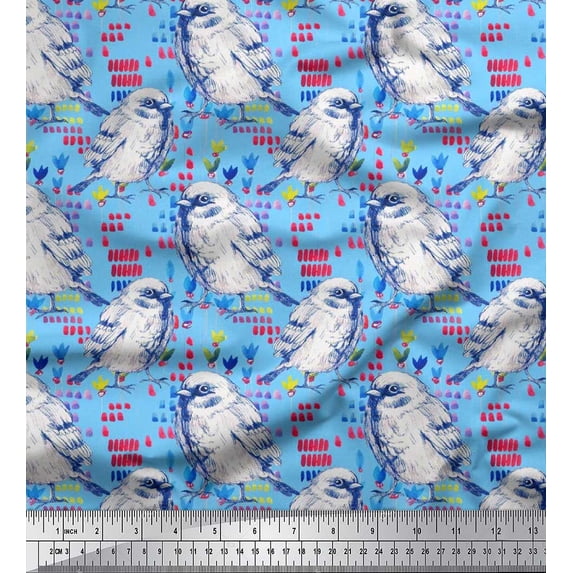 Soimoi Blue Satin Silk Fabric Brush Stroke,Floral & American Robin Bird Print Fabric by Yard 42 Inch Wide