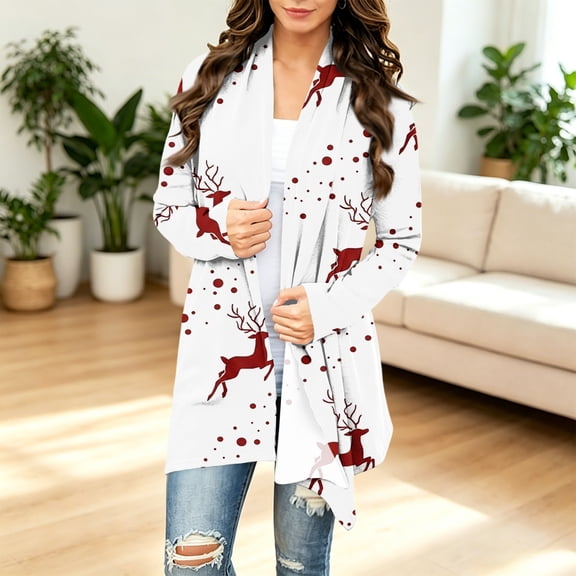 Women Christmas Open Front Cardigan Long Sleeve Reindeer Snow Dot Print Asymmetric Hem Holiday Outerwear