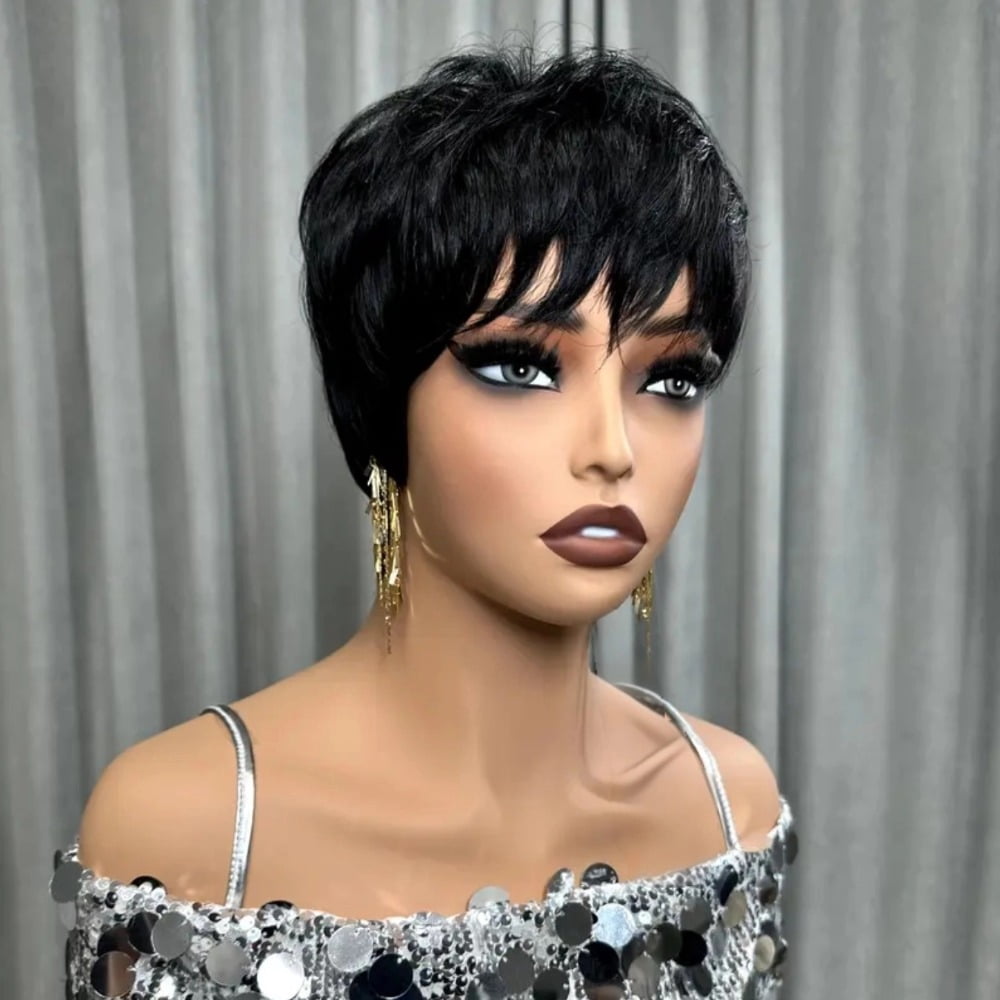Pixie Cut Wig Human Hair Wear and Go Glueless Wigs Human Hair with Bangs Pixie Cut Wig for Women short wigs for women with BangsFull Machine Made 1B Color None Lace Front Wigs