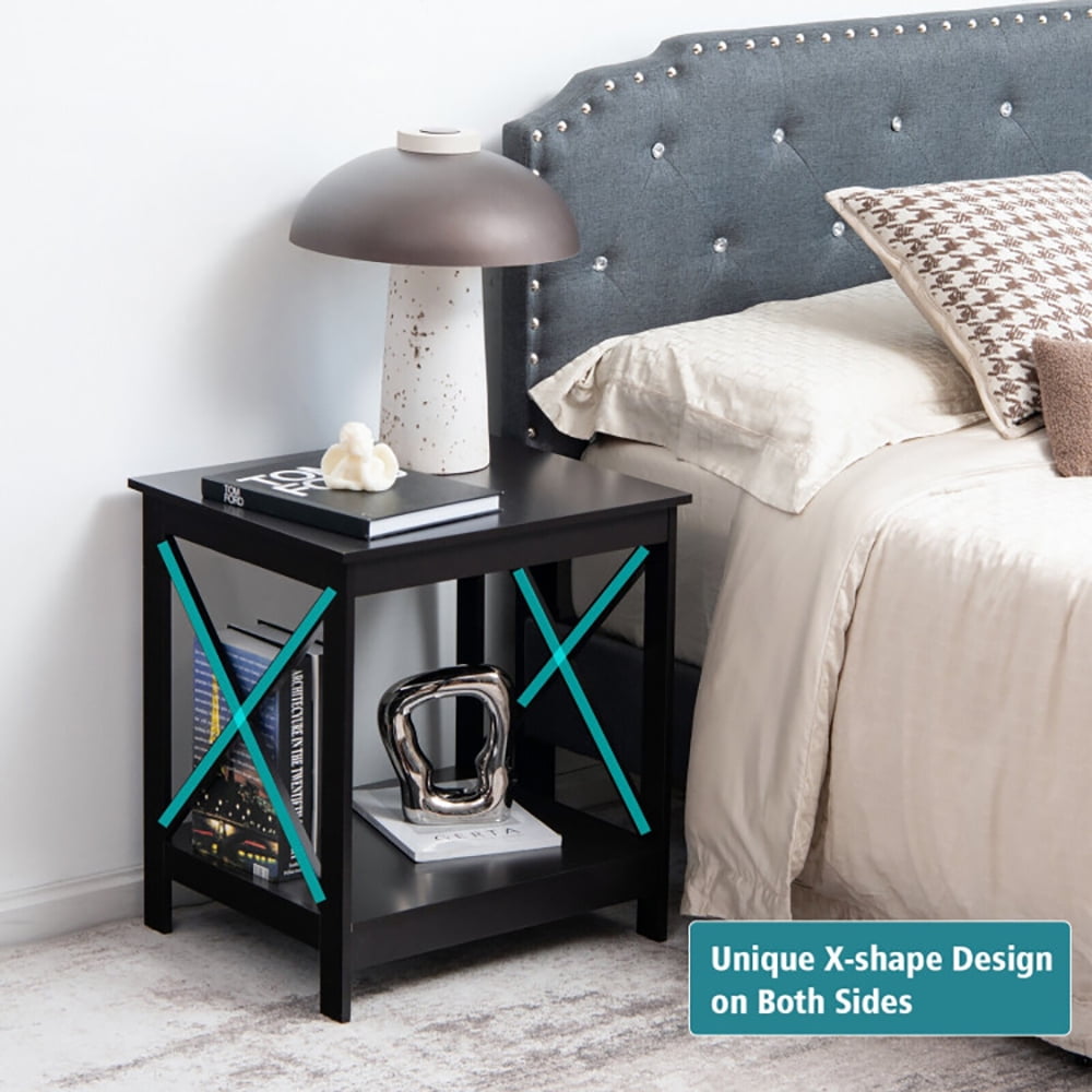 Finihen Side Table,2 -Tier Side Table with X-shape Design and 4 Solid Legs, Bed Side Table, for Living Room, Bedroom, Dark Brown