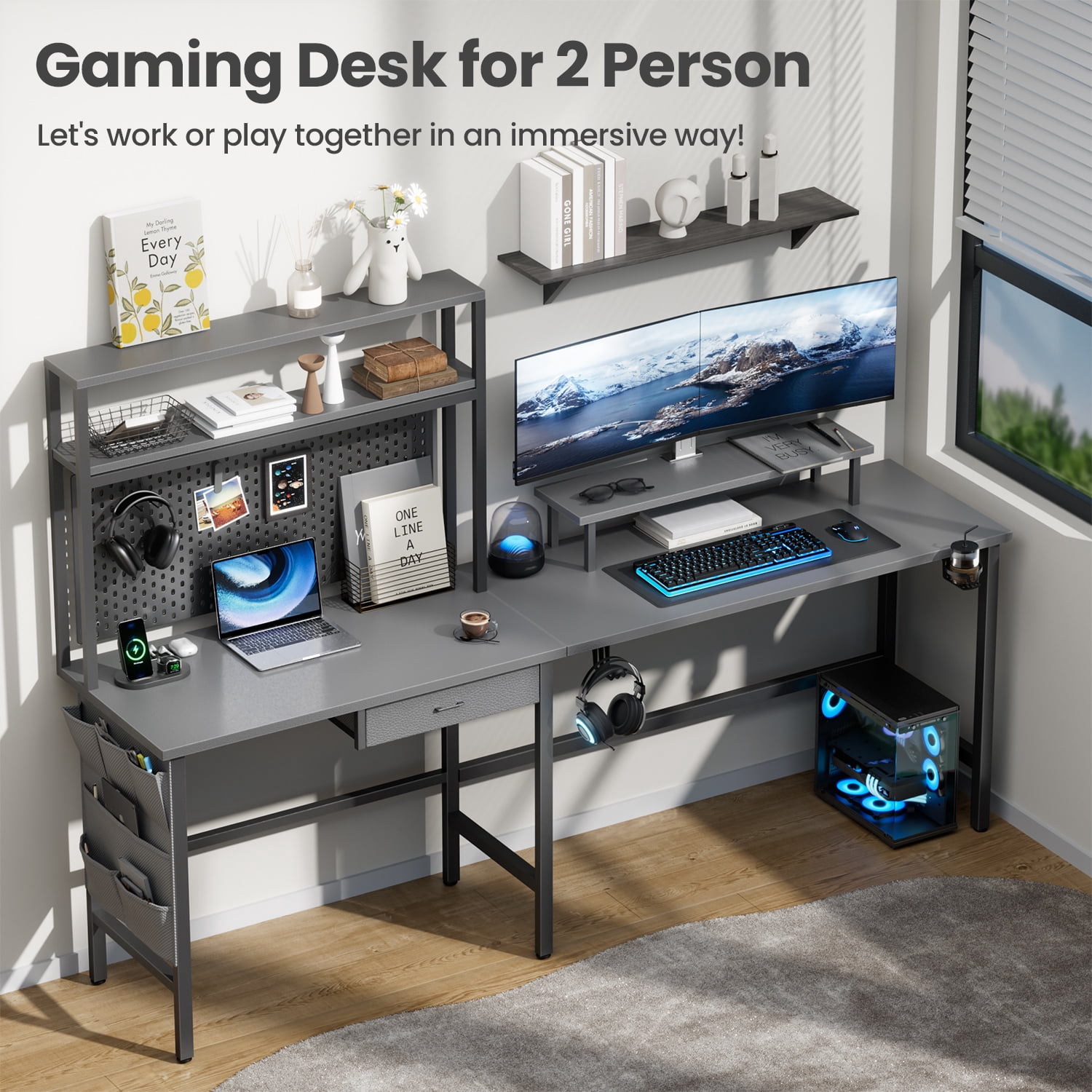 HLDIRECT L Shaped Gaming Desk with LED Light & Power Outlet, 59 Inch Reversible Corner Computer Desk with Storage Shelves & Drawer & Bag, Game Table with Hutch Monitor Stand, Gray