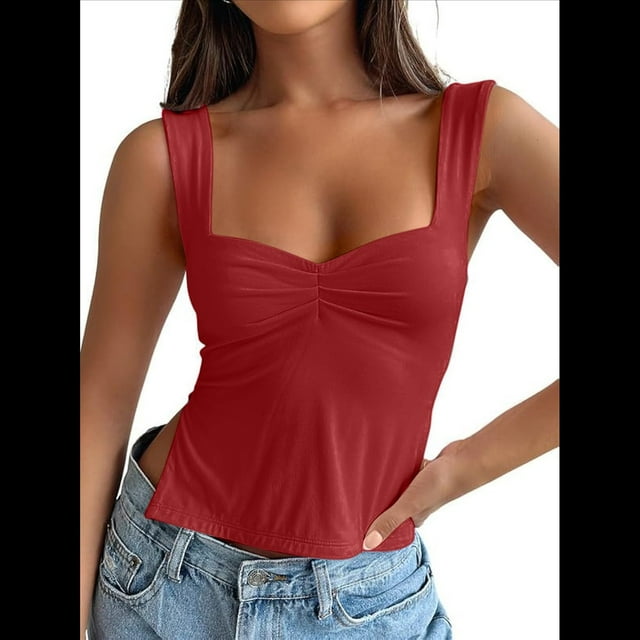Tops Cortos para Salir de Mujer, Camisetas Sin Espalda, Ropa Básica de Verano Y2K para Adolescentes, Ropa , Rojo, Talla S