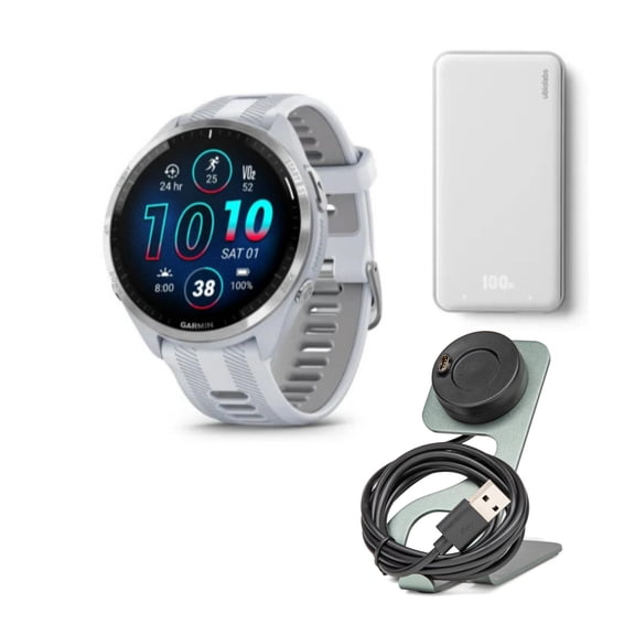 Garmin Forerunner 965 GPS 1.4-Inch Display Titanium Bezel Running Smartwatch Bundle with 6000mAh Portable Power Bank and Portable Charger Stand and USB Charging Cable (3 Items)