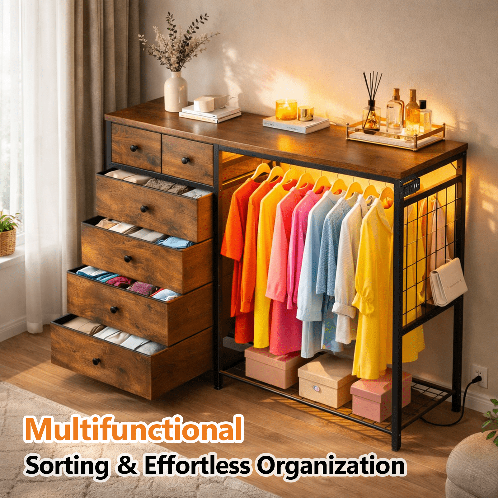Simple Deluxe Storage Clothes Rack with 6 Drawers, Charging Station & LED Lights, Fabric Chest Shelves Clothing Rack, Wooden Portable Wardrobe Closet, 49.2" W x 15.7" D x 47.2" H, Brown