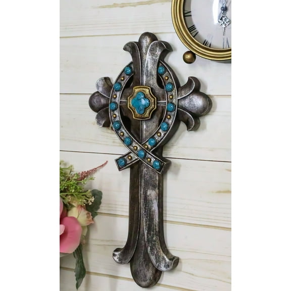 Rustic Silver Finish Fleur De Lis Greek Ichthys Christ Fish Turquoise Wall Cross