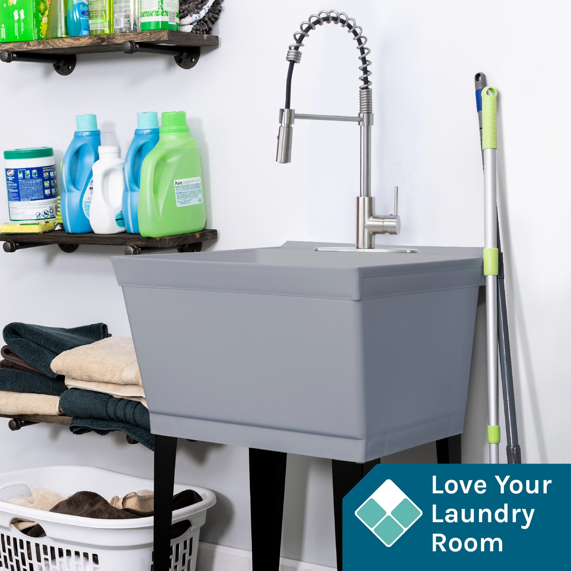 Tehila Grey 19 Gallon Utility Sink with High-Arc Stainless Steel Coil Pull-Down Faucet