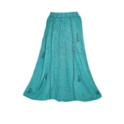 Mogul Womens Maxi Skirt Green Embroidered Rayon Flirty A-Line Long Skirts