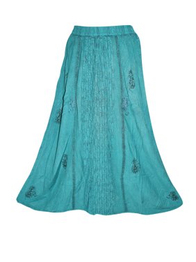 Mogul Womens Maxi Skirt Green Embroidered Rayon Flirty A-Line Long Skirts