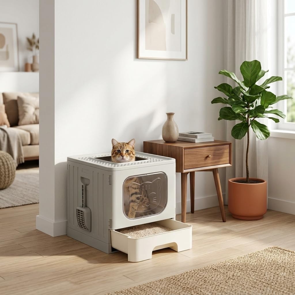 Enclosed Cat Litter Box with Lid, High-Sided Kitty Litter Pan with Drawer and Scoop, Grey