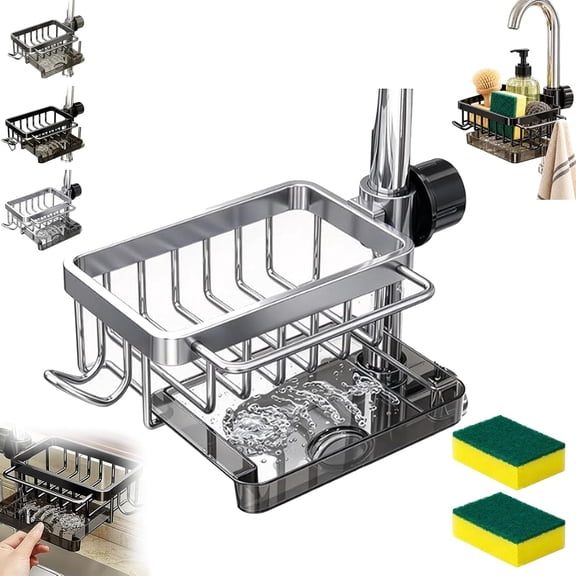 Sink Organizer Rack Hanging Faucet, Faucet Sink Organizer Rack with Drip Tray, Detachable Stainless Steel Sink Sponge Holder, Quick Drain Hanging Faucet Holder, Easy to Use for Kitchen and Bathroom