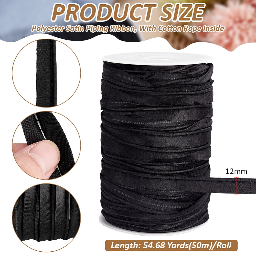55 Yard Satin Piping Trim Black Bias Tape Cord with Cotton Rope Inside Bias Piping Ribbon Costumes and Upholstery