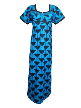 Women Blue Black Nightwear Cotton Printed Sleepwear Maxi Dress, House Dress Holiday Boho Nightgown, Caftan Dress, L