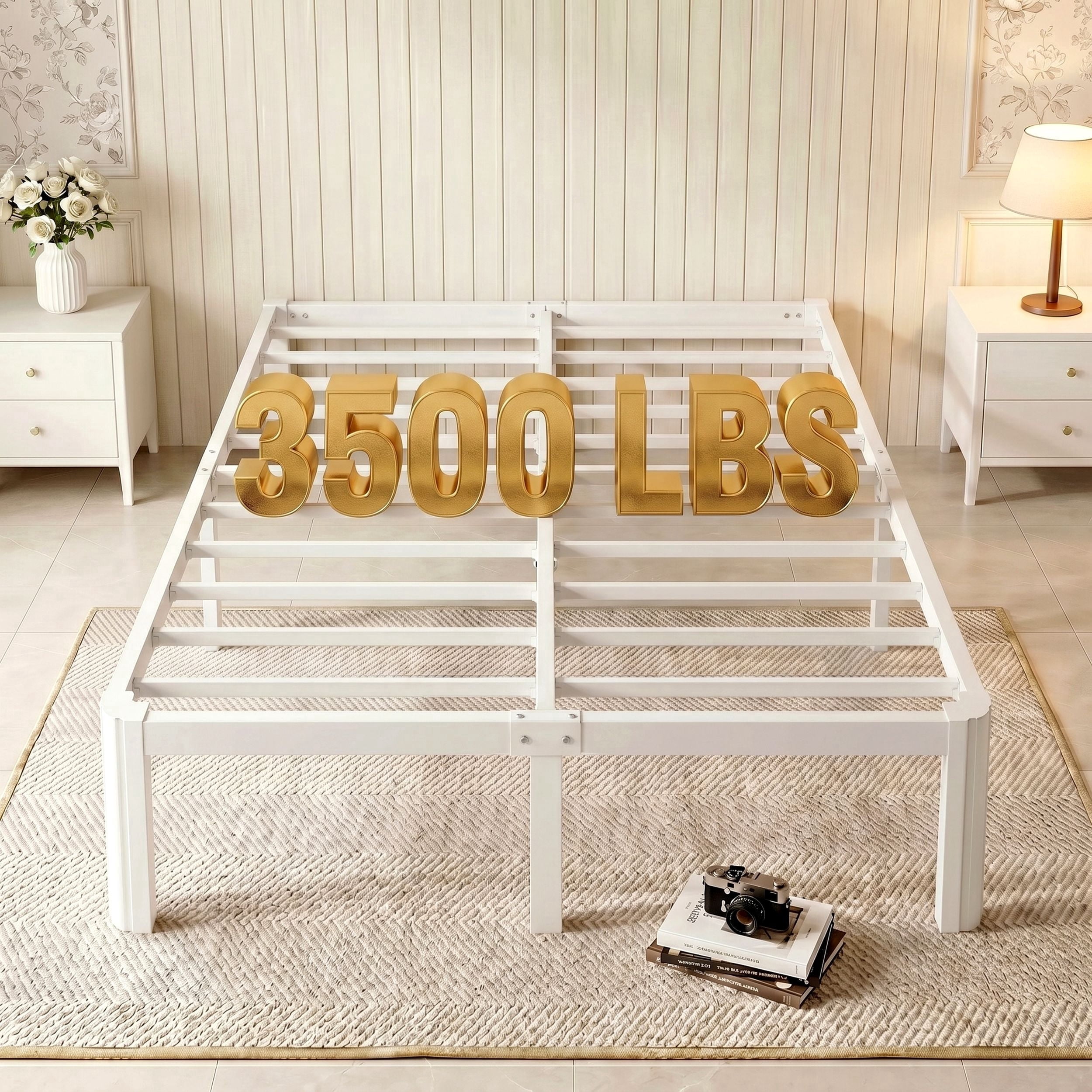 Merrland Queen Bed Frame, 14" Metal Platform Bed Frame with Fan-Shaped Legs, 3500 lbs Capacity, Under-Bed Storage Space, Easy Assembly, White