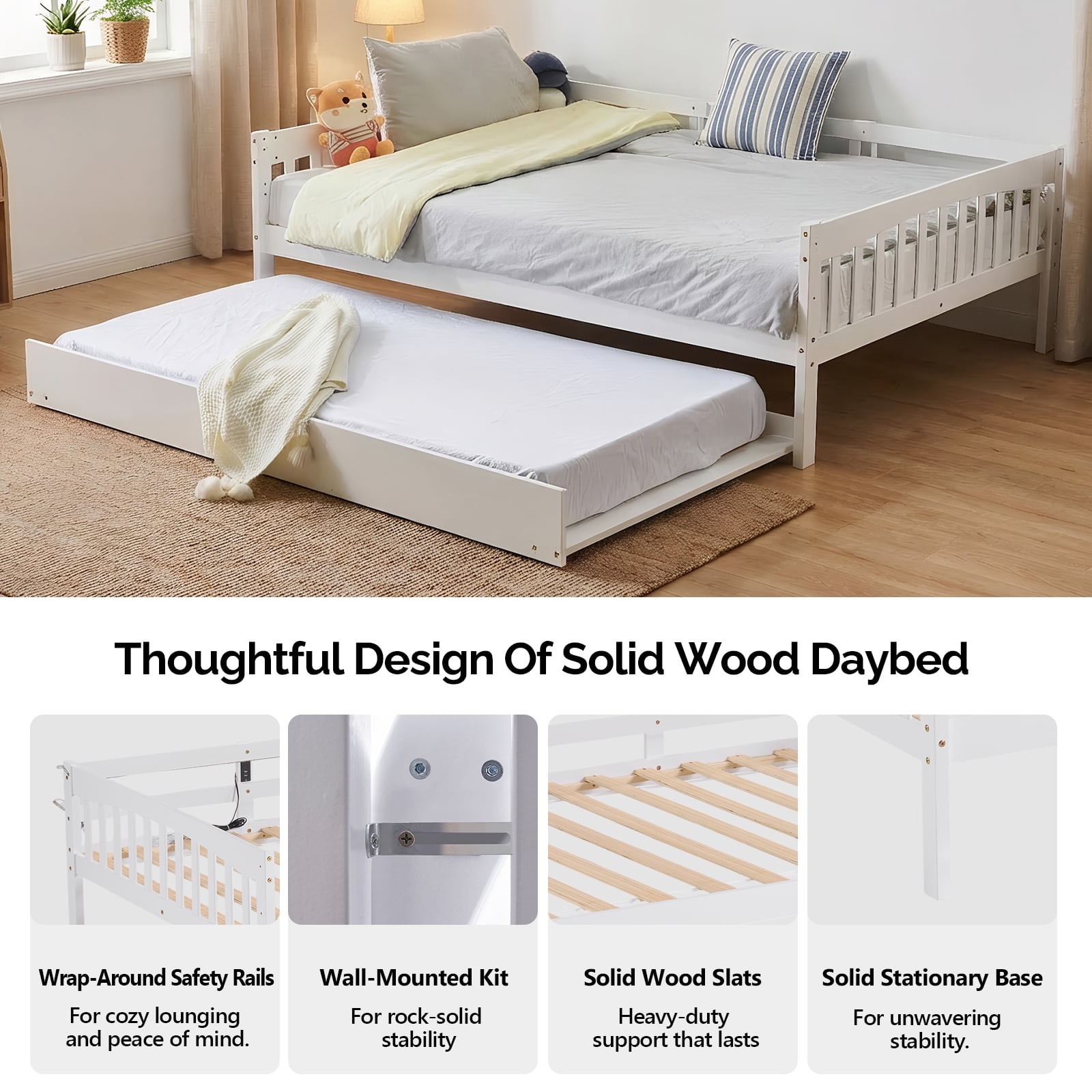 Zimtown Solid Wood Full Daybed with Trundle, Day Bed Frame with Charging Station and Lights, White