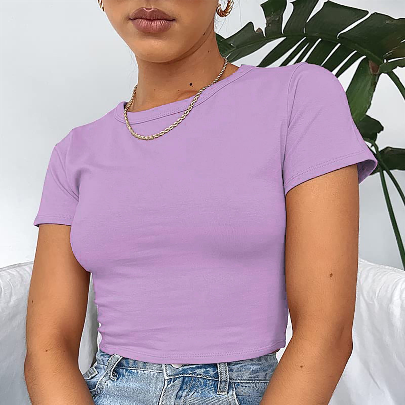 Zpanxa Summer Tops for Women Crop Cute Trendy Basic Tight Rounk Neck Crop  Blouse Short Sleeve Crop Tops Workout Shirts for Women Purple XXL