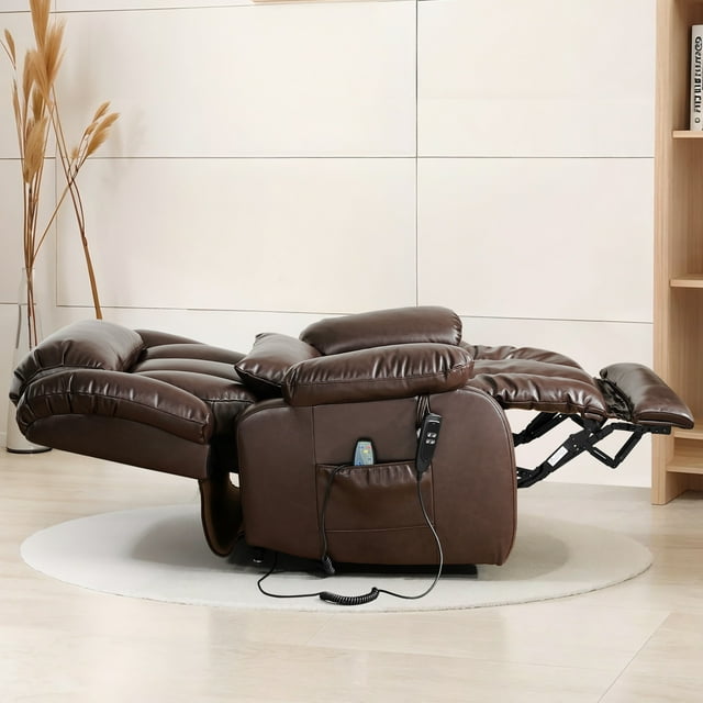 TEKAMON Power Lift Chair Recliner for Elderly with Heat and Massage, Lay Flat Sleeping Recliner Dual Motor Infinite Position Leather Lift Chair for Living Room (Brown)