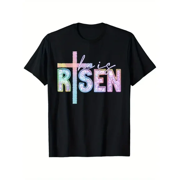 Unisex 100% Cotton T-Shirt - Casual Short Sleeve with "HE IS RISEN" Graphic Design, Glittery Colorful Lettering & Cross Design, All-Season Wear, Sizes S-XXXL