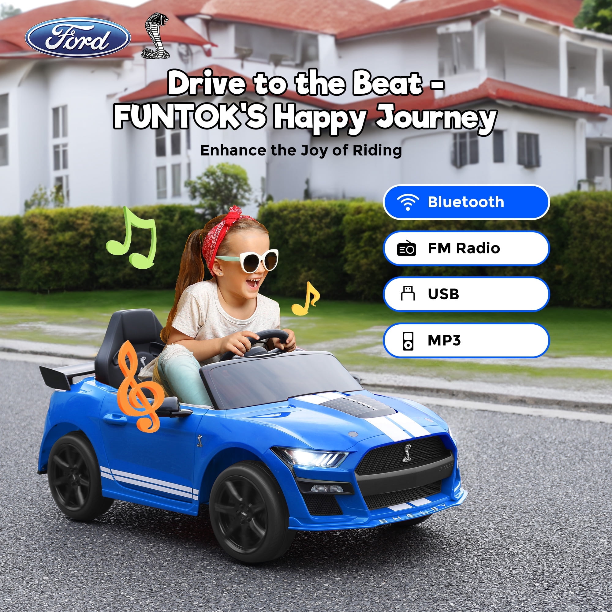 FUNTOK Licensed Ford Mustang GT500 12V 7AH Kids Electric Ride on Car Toy,16" Seater Battery Powered Car Truck with Remote Control,Bluetooth,3 Speeds,LED Headlight,Music Player & Spring Suspension