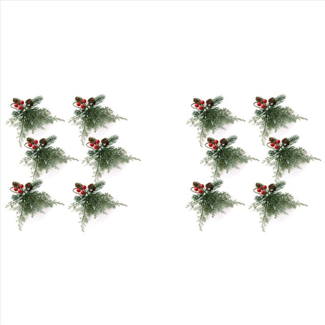 Juego de 12 Servilleteros Navideños, Servilleteros con Conos de Pino Artificiales, Ramas, Decoración de Bayas Rojas