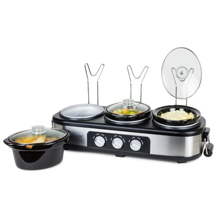 Condition photo showing New/Like New for nostalgia stainless steel 3-station 1.5-quart oval slow cooker buffet with lid & spoon rest adjustable heat control perfect for parties holidays families